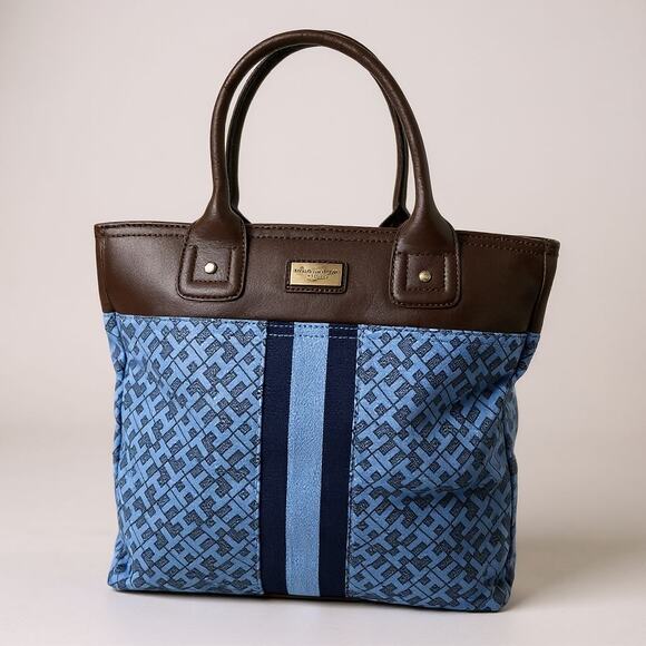 Tommy Hilfiger Monogram Tote Bag Brown Leather & Blue Pattern 13"x13"x4.5" - Picture 1 of 13